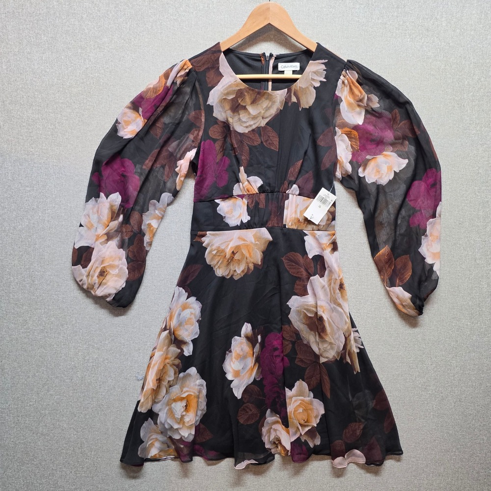 Calvin Klein Womens 10 Navy Gold Floral Mini Dress Long Sleeve Preppy NWT